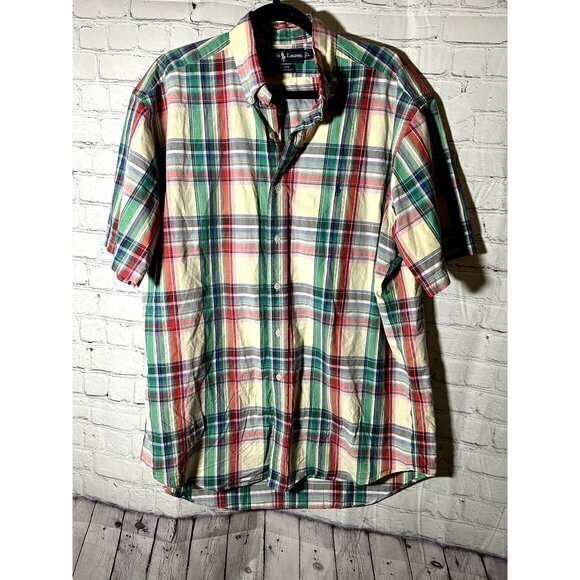 POLO RALPH LAUREN MENS SHORT SLEEVE PLAID BUTTON FRONT SHIRT (L) EUC WORN ONCE - Picture 1 of 5
